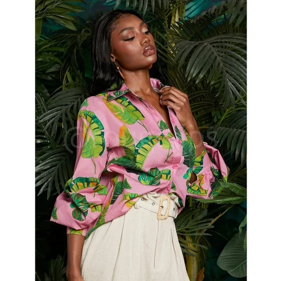 Cotton Leaf Tropical Print Pink Green Oversized Shirt Lantern Sleeve Button - Picture 5 of 10